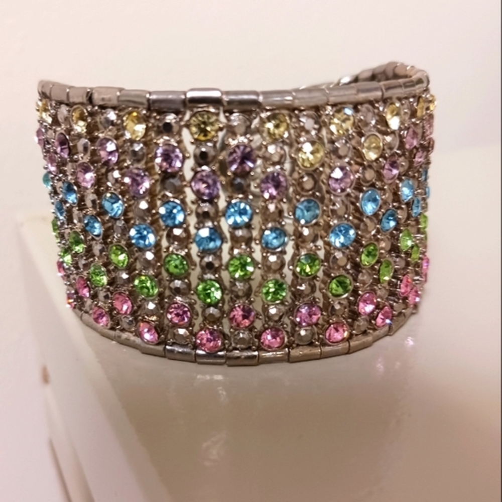 Rainbow Colored Cubic Zirconia Bracelet Gold Pink Blue Green in Silver Setting